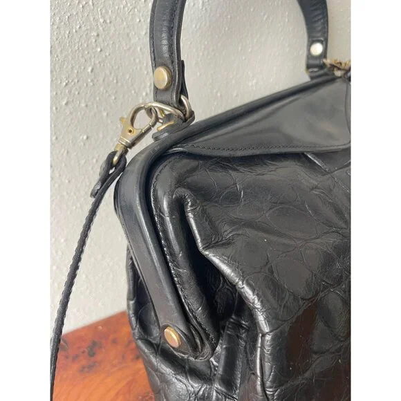 VTG Franco Godi Italia Black Crocodile Embossed Leather Satchel Style Handbag - Picture 8 of 16